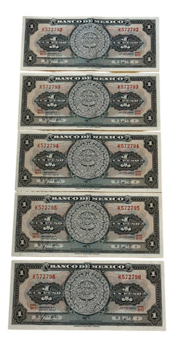 5 Billetes De 1 Peso Serie B10 1970 Números Consecutivos