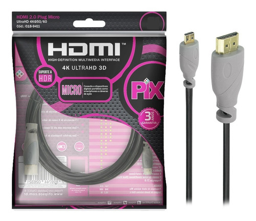 Cabo Micro Hdmi X Hdmi 3 Metros Blindado 2.0 Ethernet 4k