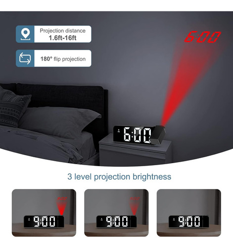 Reloj Despertador Led Con Proyección 180° Y Usb