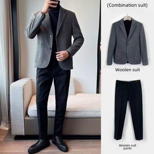 Conjunto De Traje Casual De Lana A Rayas Para Hombre