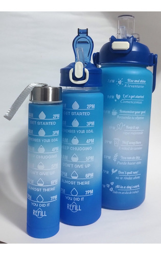 Kit Garrafa Motivacional Água Alça Adesivo 3d 1l 2l Squeeze Cor Azul