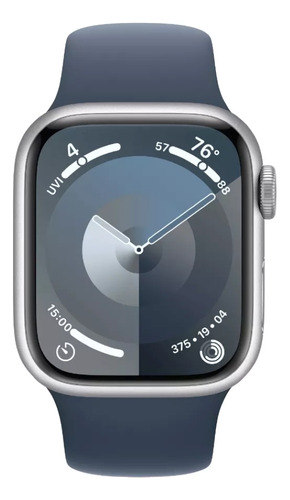 Apple Watch Series 9 GPS + Cellular • Caixa prateada de alumínio – 41 mm • Pulseira esportiva azul-tempestade – P/M