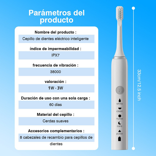 Cepillo Dental Electrico Recargable 8 Cabezales 5 Modo Blanco