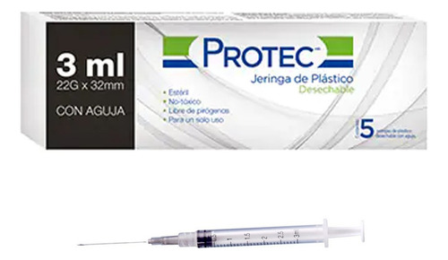 Jeringa HiPodérmica 3ml 22gx32mm Protec 5 Cajas C/5pzas C/u Capacidad en volumen 3 mL