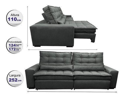 Sofá Retrátil e Reclinável com Molas Ensacadas Cama inBox Gold 2,52m Tecido Suede Velusoft Cinza