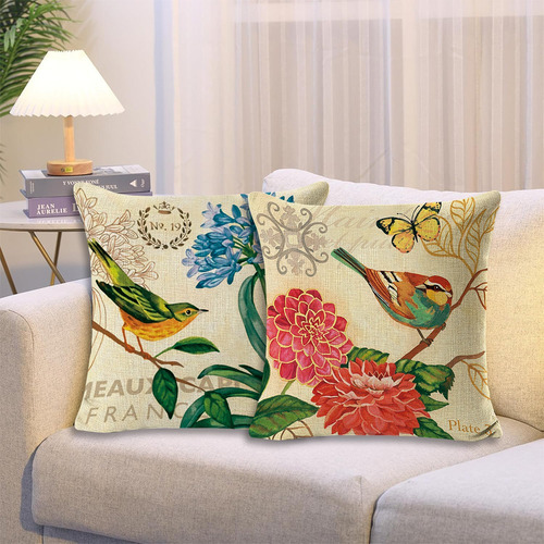 Fundas Cojines Almohada Decorativos Lino Algodón 4pcs 45cm Aves