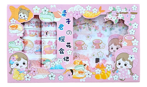 Set Stickers Washi Tape Sakura Niña Cute Kawaii Regalo Rosa