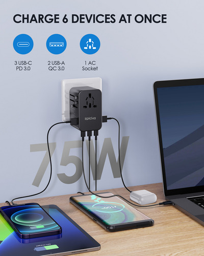 Adaptador de viaje universal Epicka negro, 75 W, 3 USB-C Pd y 2 USB-A, compatible con EE. UU., Reino Unido y Australia. Cargador de pared todo en uno.