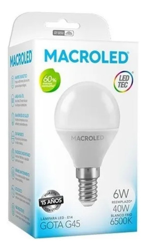 Lampara Gota Led 6w E14 Mignon Fría 6000k Macroled X 10un