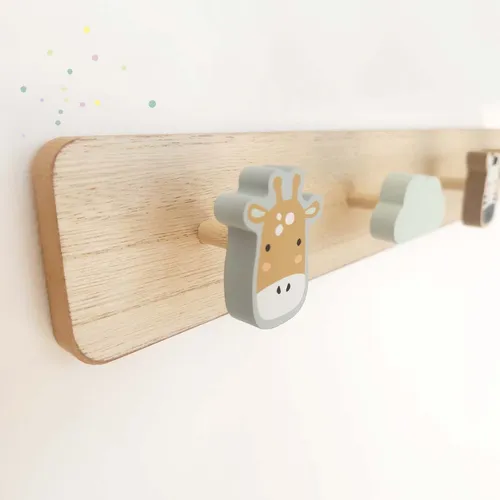 Perchero De Pared Infantil Madera Animalitos Nube Gancho