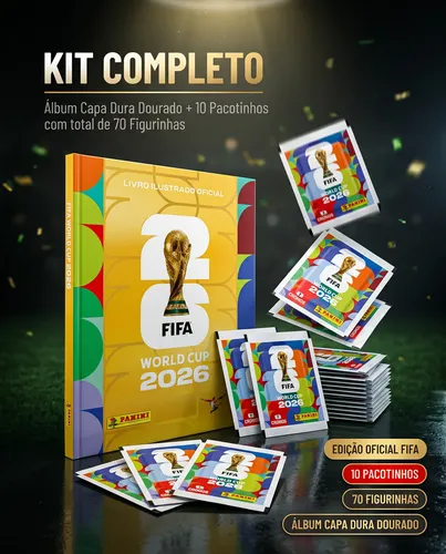 Kit 70 Figurinhas + Álbum Copa Do Mundo Fifa 2026 Panini Capa Ouro C/ 10 Envelopes
