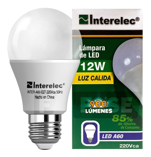 Lámpara Foco Led Interelec 12w = 90w B Luz Cálida Amarillo Bulbo A60 E27 900 Lúmens