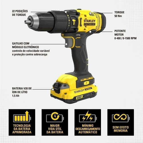 Furadeira parafusadeira de impacto sem fio de 13mm Stanley SCD711C2K 20V + 2 baterías de 1.5Ah + acessório com maleta de transporte