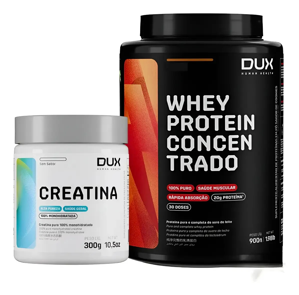 Kit Dux Whey Protein Concentrado 900g + Creatina 300g Dux Sabor Morango
