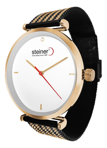 Reloj Para Mujer Análogo Steiner 40 Mm Diseño Tejido 3 Atm Correa Negro Bisel Dorado Fondo Blanco