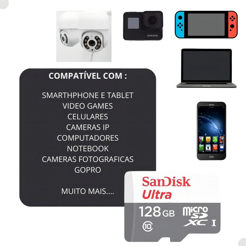 Cartão De Memória 128gb Sandisk Ultra Velocidade de Leitura 100MB/s MicroSDXC Com Adaptador Sd SDSQUNR-128G-GN3MA