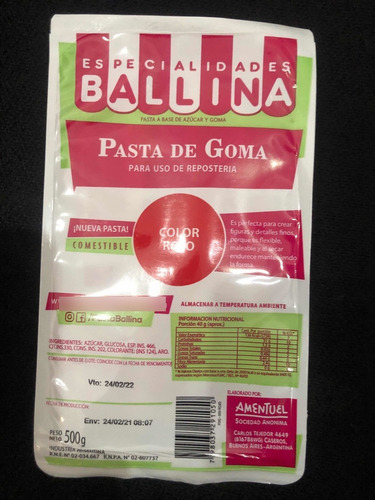 Pasta De Goma Ballina Roja X 500 Gr  