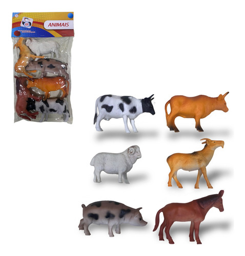 Kit 6 Animais Fazenda Rancho Emborrachado Plástico Brinquedo