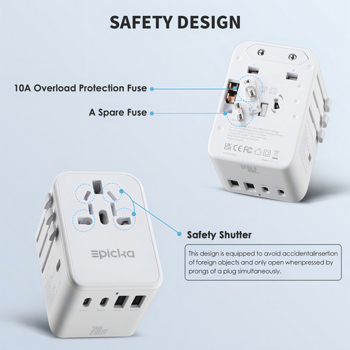 Epicka Adaptador de Viaje Universal Adaptador de Enchufe Internacional Gan Con 3 Usbc Carga Rápida Pd 70w y 2 Usba Cargador de Pared Todo en uno Para Usa Ue Reino Unido Aus Blanco 127V