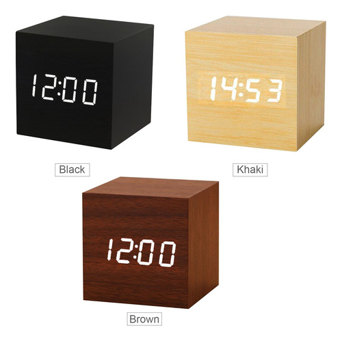 Led Madera Digital Alarma Con Día Fecha Temperatura Humedad