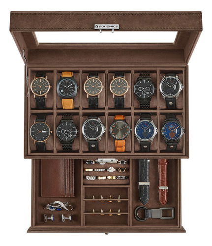 Songmics Caja De Relojes Con Tapa De Cristal De 2 Niveles Color Marrón