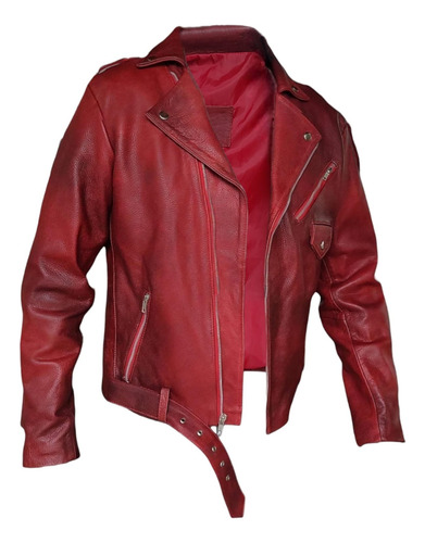 Chamarra Rockera Roja De Piel De Res Anca Biker