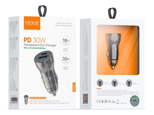 Cargador De Auto De  2 Puerto C Y Usb 30w Vidvie 