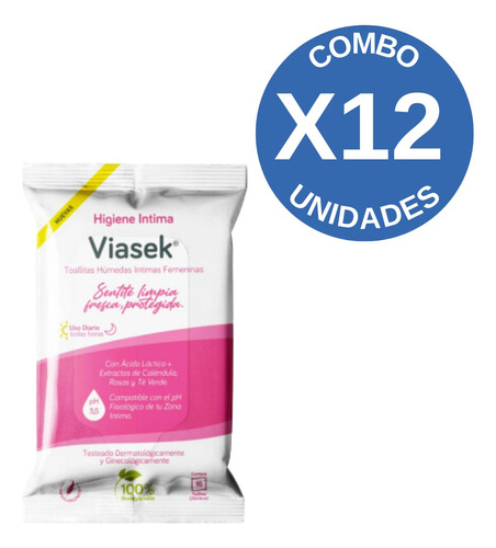 Combo X12 Viasek Toallitas Húmedas Intimas Femeninas 16 U