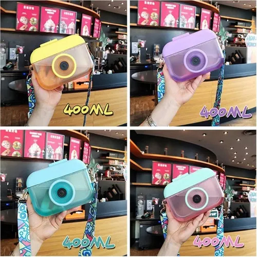 Botella infantil Kawaii Camera portátil con cámara Kawaii de 400 ml, color violeta