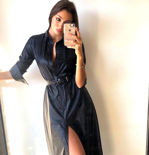 Vestido Negro Engomado Camisero Largo Con Botones Ecocuero