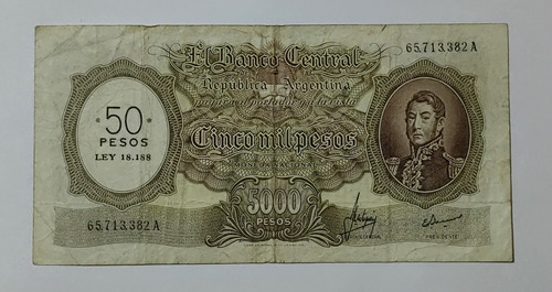 Billete 5000 Pesos Resello 50 Pesos 1969 Argentina Vf