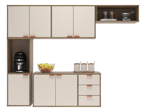 Armário De Cozinha Suspenso Compacto Com 7 Portas E 3 Gavetas, Design Moderno E Funcional Em Off White E Madeirado Estilo Nórdico, Ideal Para Otimizar Espaços -modelo Romeu