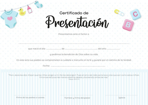 Certificado De Presentación Niñas - Pack X 20 Unidades