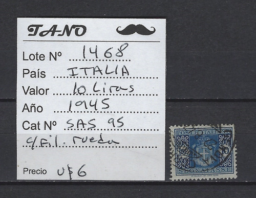 Lote1468 Italia 10 Liras Año 1945 Sas# 95 C/filig. Rueda 