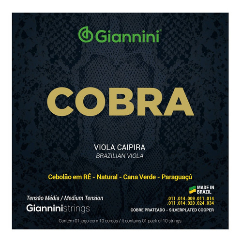 Cordas P/ Viola Caipira  Tensão Média Giannini Cobra