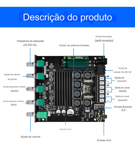 Amplificador 200w 2.1 Bluetooth Zk-tb21 C/fonte 10 Amperes