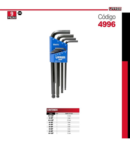 Juego De 9 Llaves Hexagonales Métricas 4996 Urrea