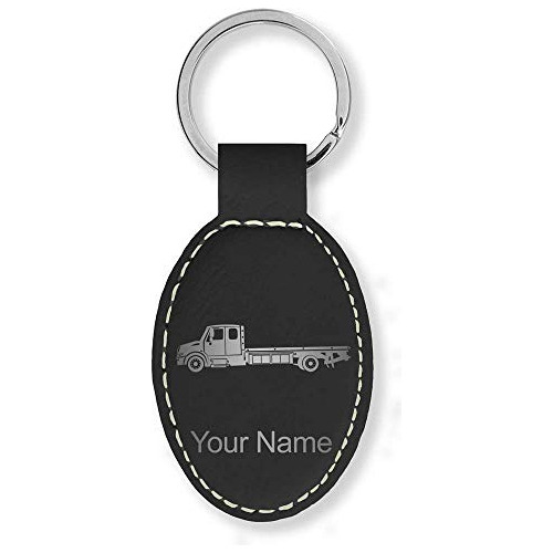 Oval Keychain, Flat Bed Tow Truck, Personalized Engraving In