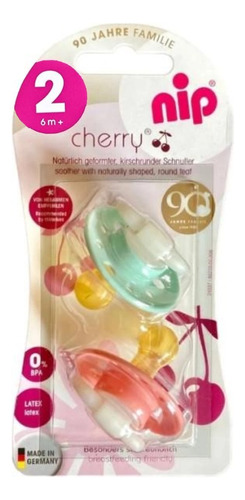 Nip Cherry Chupete Redondo Pack X 2. Tamaño 2. Rosa Y Verde Período de edad 6-12 meses