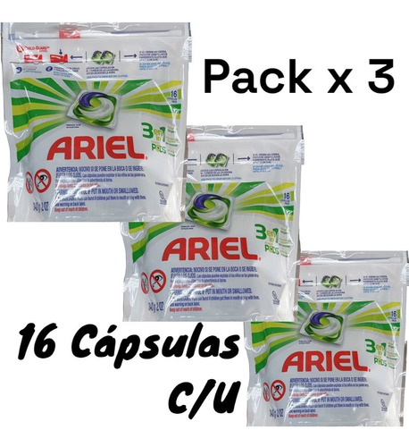 Pack X 3 Ariel Detergente En Capsulas 3en1 Power Pods 16 Und