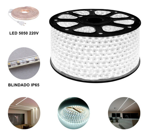 Imagen 2 de 6 de Cinta Tira Led 5050 Blanca De 10 Metros 220v Protección Ip65