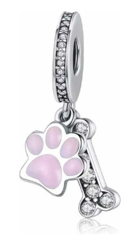 Charm Hueso Y Huella De Perro Rosa En Plata 925 Silver Heart