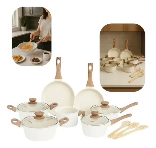 Jogo De Panelas De Cozinha Mimo Style Cook Fundo De Tripla Indução Com 10 Peças De Alumínio, Cerâmica, Madeira Marmol Vanila