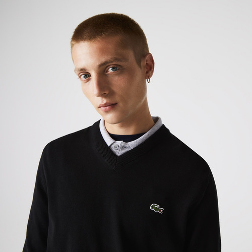 Imagen 3 de 5 de Sweater Para Hombre Lacoste Algodón Orgánico Cuello V Negro