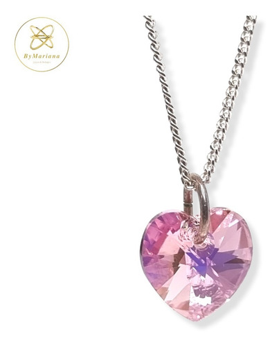 Imagen 2 de 8 de Cadena Plata + Dije Corazon Cristal Swa Rosa 10 Mm