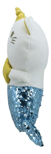 Sereia De Gato Branco Chifre Lantejoulas Azul Prateado 35cm
