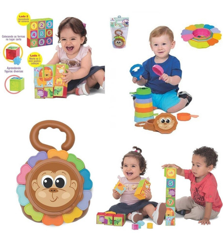2 Brinquedo Didático Empilha Baby Macaco + Cubinhos 5 Em 1