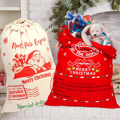 Bolsas Navideñas De Tela Con Cordón Reutilizables Color Crema