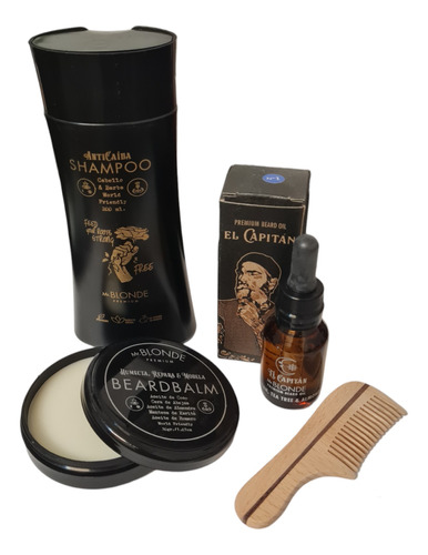 Kit Barba Aceite Balsamo Mr Blonde Shampoo Peine Madera 