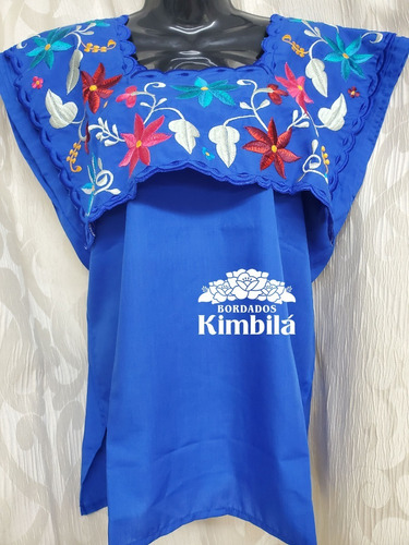 Blusa Artesanal, Tipo Hipil Con Solapa, Color Azul Eléctrico